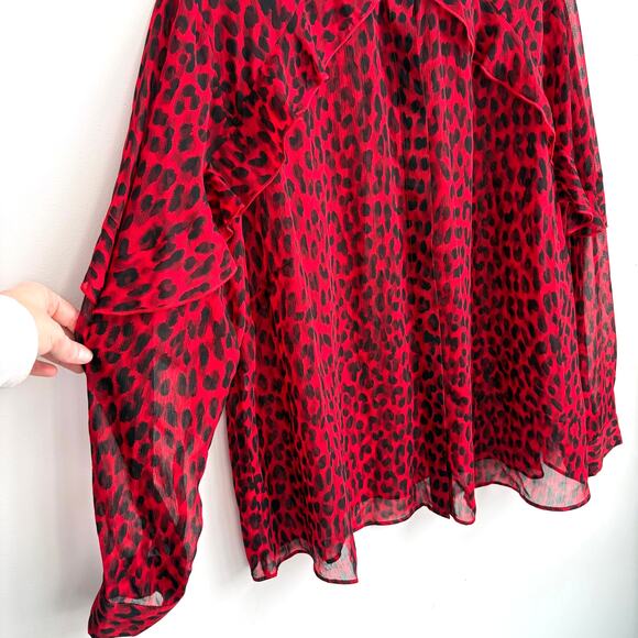 Rachel Roy Plus Sz 22W Sheer Red Black Leopard Ruffle Blouse Holiday Party Top - Picture 3 of 6